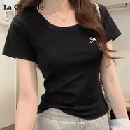 拉夏貝爾2025夏季新款正肩女蝴蝶結刺繡修身收腰顯瘦半袖打底衫 黑色 L