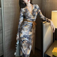 皮爾卡丹（pierrecardin）有里布溫柔風系帶茶歇連衣裙端莊優(yōu)雅氣質修身V領包臀裙女D0595 咖色 S 100斤以下