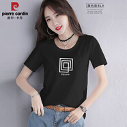 皮爾卡丹（pierre cardin）白色短袖t恤女個性印花2025新款寬松純棉內(nèi)搭上衣簡約休閑體恤衫 黑色 圓領(lǐng)回形圖- S 【80-95斤】