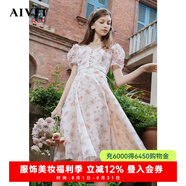 AIVEI欣賀艾薇2023夏季新初戀氣質(zhì)茶歇設計感印花連衣裙Q036S108 杏色 S
