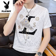 花花公子（PLAYBOY）冰絲燙鉆短袖T恤男夏季潮牌透氣薄款休閑半袖體恤青年父親節(jié)禮物 T898白色 XL