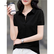 clotho Rennie品牌女裝polo領(lǐng)短袖t恤女夏季2025新款寬松純棉翻領(lǐng)打底衫體恤 黑色 XL