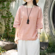 夏典素訂女王2025夏季文藝?yán)C花圓領(lǐng)上衣新款棉麻中袖襯衫寬松純色素雅復(fù)古T恤 粉色 圓領(lǐng)繡花 L 建議105-120斤