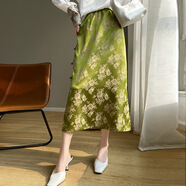 醋酸緞面2025夏新款新中式提花半身裙女中國風(fēng)印花高腰A字中長(cháng)裙 深綠色 XL 均碼