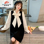 范哲狼（FANZELANG）大碼女裝秋季減齡蝴蝶結小香風(fēng)連衣裙胖mm寬松顯瘦中長(cháng)款假兩件裙 黑色【真假兩件隨機發(fā)】 M 80-100(備)