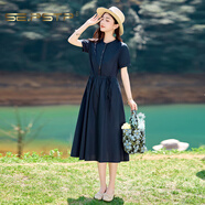 夏典素訂女王（SE.PSTP）2025新款高端原創(chuàng)木耳邊風(fēng)琴褶苧麻連衣裙抽繩收腰飄逸大擺長裙子 藏青杭州今年流行的輕奢品質(zhì) M