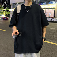 花花公子短袖t恤男夏季2025新款潮牌寬松純棉半袖港風男生體恤純色打底衫t 黑色 M 均碼