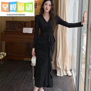 堂峻2025春季新款長(cháng)袖性感女神收腰女人味連衣裙豹紋設計女神v領(lǐng)裙子 黑色 2XL 建議125-135斤