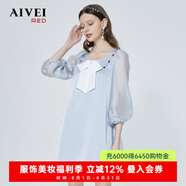 AIVEI欣賀艾薇2023春新法式方領鑲鉆蝴蝶結娃娃款連衣裙P0160086 霧藍-預售7天 S