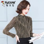 啄木鳥中領(lǐng)秋冬打底衫媽媽裝寬松內(nèi)搭閃光絲網(wǎng)紗秋衣T恤洋氣加厚絨大碼 金色常規(guī) XL