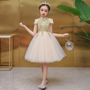 獨孤伽羅女童公主裙蓬蓬裙兒童禮服花童小孩主持晚禮服鋼琴演出服走秀夏季 香檳色短袖短款 cm 均碼