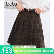 百圖betu女裝冬季新款半身裙高腰毛呢格紋A字百褶裙裙子女2411T68 咖格 L