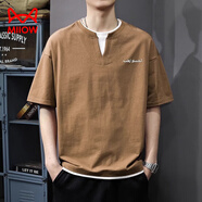 貓人（MiiOW）2026新款夏季美式潮牌設計感短袖t恤男假兩件半袖V領(lǐng)體恤純棉 卡其色 M
