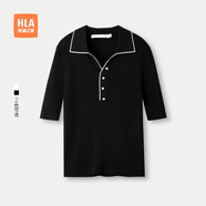 海瀾之家（HLA）短袖針織衫女裝25春季新款精致紐扣經(jīng)典翻領(lǐng)半開襟上衣服女士毛衣 黑色鑲拼X7 S /155/80A建議85-100斤