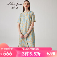 兆君2024春夏真絲新款時尚復(fù)古印花連衣裙女短袖桑蠶絲裙子 藍(lán)色印花 2XL