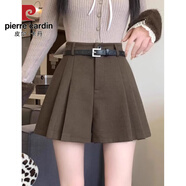 皮爾卡丹（pierre cardin）灰色毛呢短褲女秋冬外穿呢子褲裙短款百褶裙褲高腰闊腿褲馬丁靴褲 咖色【有腰帶】 2XL 136-150