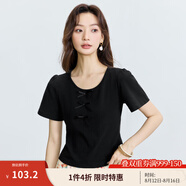 茵曼（INMAN）基礎極簡(jiǎn)風(fēng)純色短袖T恤女2025夏季百搭蝴蝶結休閑舒適上衣 黑色 M