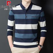 皮爾卡丹（pierre cardin）中年長(zhǎng)袖T恤男士翻領(lǐng)條紋爸爸春裝薄款帶口袋針織polo打底衫上衣 11134藍(lán)色 M 165
