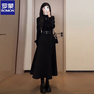 羅蒙（ROMON）赫本風(fēng)小黑裙高領(lǐng)長(cháng)袖收腰法式長(cháng)裙女冬裝 黑色 S