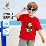 Classic Teddy童裝兒童t恤男女童短袖T恤薄款半袖寶寶衣服夏裝洋氣上衣 棒球帽子熊織標(biāo)短袖大紅 90