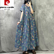皮爾卡丹原創(chuàng  )高端大氣上檔次印花棉麻連衣裙女2025新款夏季大碼洋氣質(zhì)顯瘦 藍花色 均碼 (80-160斤)