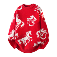 七加肴馬年本命年毛衣男女新年馬圖案喜慶情侶毛衣加厚本歷年紅過(guò)年衣服 可愛(ài)馬 L 110-125斤