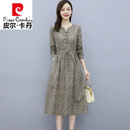 皮爾卡丹（pierre cardin）棉麻長(cháng)袖洋裝2025年秋新款韓版打底裙碎花寬松時(shí)尚文藝減齡長(cháng)裙 藍灰色 M 【建議90-105斤】