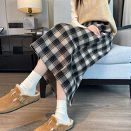 皮爾卡丹（pierre cardin）復(fù)古毛呢格子裙女秋冬加厚2025新款高腰顯瘦垂感開叉中長款包臀裙 黑灰格 2XL