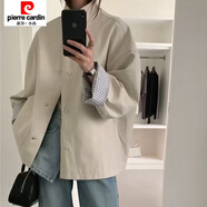 皮爾卡丹（pierre cardin）歐貨感風(fēng)衣外套女早秋中長(cháng)款寬松韓系撞色格子大衣甜美in 米白色 S