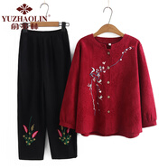 俞兆林媽媽裝老年人衣服奶奶春秋套裝女中襯衫上衣開衫母親節(jié)禮物6070歲 酒紅色衣服+褲子（套裝）066款 3XL 建議115-130斤