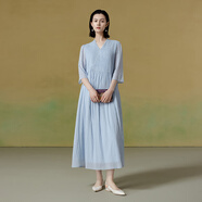 生活在左2025早秋新品100%棉褶皺肌理感連衣裙女 遠(yuǎn)空藍(lán) S