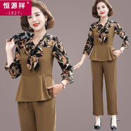恒源祥（HYX）中老年女春夏套裝七分袖雪紡套裝2025新款媽媽春秋氣質(zhì)顯瘦兩件套 咖啡色 XL 建議90-105斤