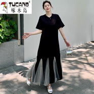 啄木鳥(niǎo)（TUCANO）網(wǎng)紗連衣裙胖妹妹夏季連衣裙時(shí)尚波點(diǎn)拼接t恤長(cháng)裙子2025寬松顯瘦 黑色網(wǎng)紗【高品質(zhì)】 L 90-120斤
