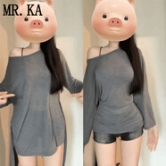 MR.KA薄款微透修身設(shè)計(jì)顯瘦新款長(zhǎng)袖T恤防曬衣女夏季綁帶收腰罩衫上衣 灰色-慵懶風(fēng) S (90斤內(nèi))