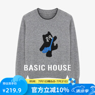 Basic House/百家好復(fù)古灰色小貓?zhí)峄戮d羊毛圓領(lǐng)正肩針織上衣 灰色 M