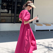 皮爾卡丹（pierrecardin）長裙女夏初戀小個子顯瘦度假小心機泡泡袖法式少女連衣裙洋氣3147 玫紅色 S 100斤以下