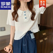 羅蒙短袖女t恤2024夏季新款花朵褶皺娃娃領(lǐng)短款韓版上衣減齡針織衫T恤 白色 均碼