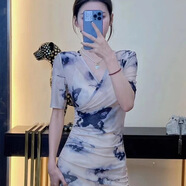 落跑姐妹 RUNAWAY SISTERS輕奢顯瘦包身裙百搭短袖連衣裙女人味十足 水墨蝴蝶 S 80-95斤左右