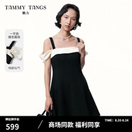 糖力商場(chǎng)同款  撞色露肩小禮服 2025夏季新款收腰顯瘦吊帶連衣裙女 黑色 M