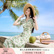 香影（xiangying）碎花v領(lǐng)連衣裙女2025夏季新款度假風(fēng)系帶收腰泡泡袖雪紡裙子 綠色 S