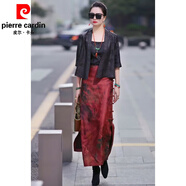 皮爾卡丹（pierre cardin）高端香云紗仿桑蠶絲七分袖上衣+半身裙女2026夏裝新款印花外套 黑色上衣+紅色半身裙 M