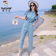 啄木鳥(niǎo)時(shí)尚連體褲女套裝氣質(zhì)2025春夏季休閑工裝顯瘦連體短袖九分歐美風(fēng) 藍色 高質(zhì)量 M 【建議101-110斤】