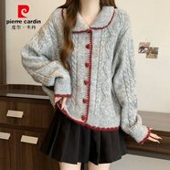 皮爾卡丹（pierre cardin）大碼胖mm秋春季復古愛(ài)心扣慵懶風(fēng)娃娃領(lǐng)麻花毛衣女寬松針織衫外套 灰色 L