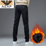 AEXP2025新款高端輕奢冬季加絨加厚男士牛仔褲修身小腳休閑彈力男褲子 純黑色 683-1款 28 碼(腰圍2尺1)