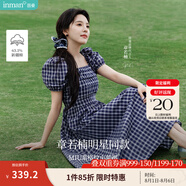 茵曼（INMAN）章若楠同款法式方領(lǐng)格紋連衣裙2025夏季新品女裝泡泡袖裙子 藏青藍 63.1%棉 XL