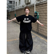 佐敘美式黑色純棉短袖t恤女夏季新款笑臉設計感小眾高街寬松半袖上衣 黑色 M （85-100斤）