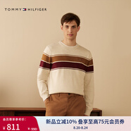 TOMMY HILFIGER【柔軟純棉】25秋冬男撞色條紋學(xué)院風(fēng)針織衫/情侶款純色毛衣 【撞色條紋】米白色AFA L （推薦：150-165斤）