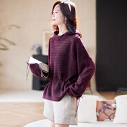 塔馳密司（touchmiss）連帽蝙蝠袖鏤空抽繩收腰毛衣秋季寬松針織衫女 深紫色 M 【90-140斤】