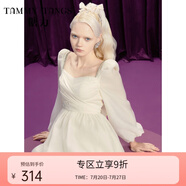 糖力在逃公主 秋新款長袖蝴蝶結綁帶輕薄歐根紗花苞連衣裙女 杏色 S
