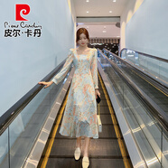皮爾卡丹新款連衣裙連衣長(cháng)款方領(lǐng)長(cháng)袖連衣裙女英倫風(fēng)時(shí)尚春秋季氣質(zhì)碎花裙 圖片色 XL